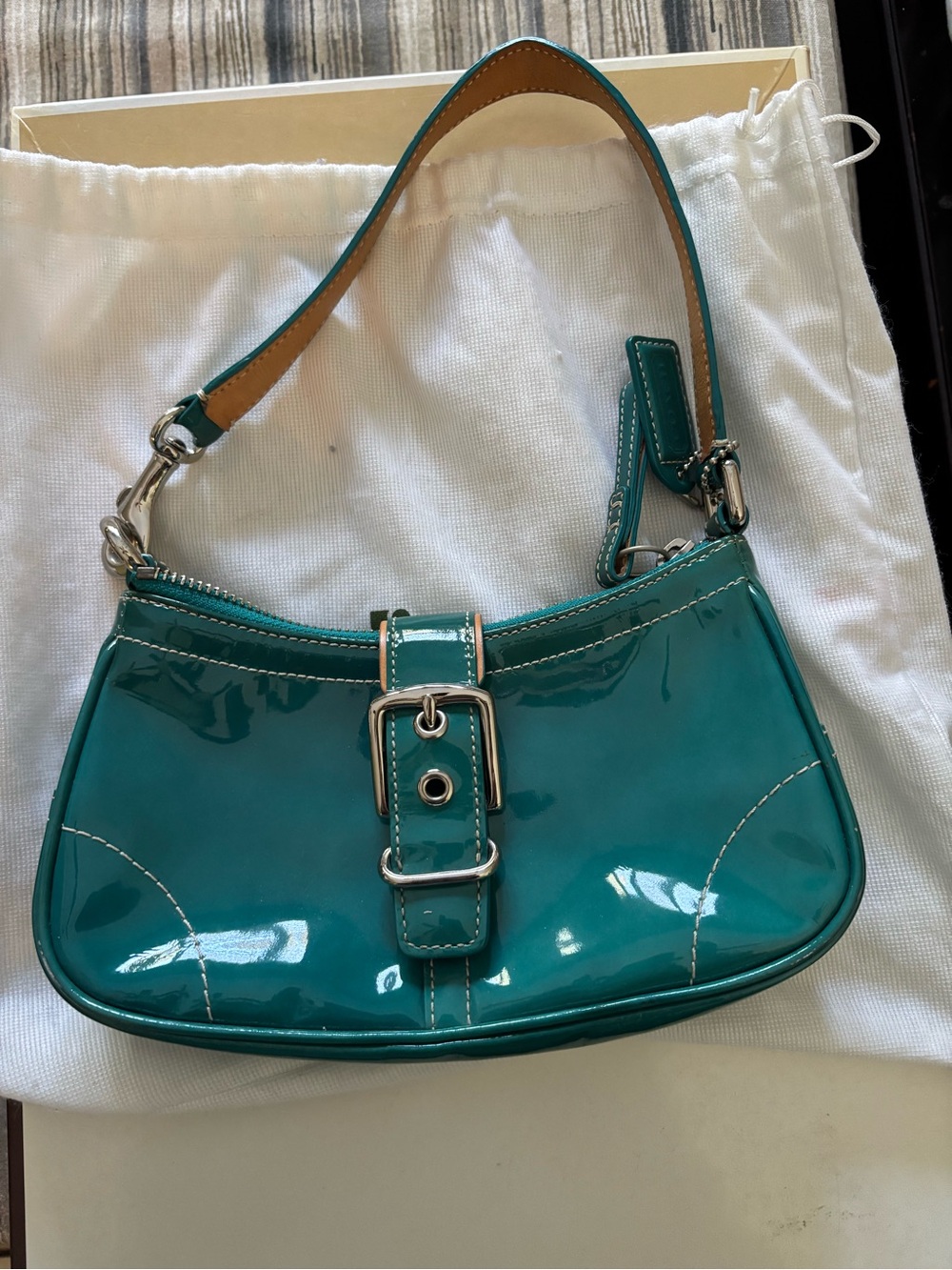 Coach Teal Patent Leather Shoulder Bag with Buckle